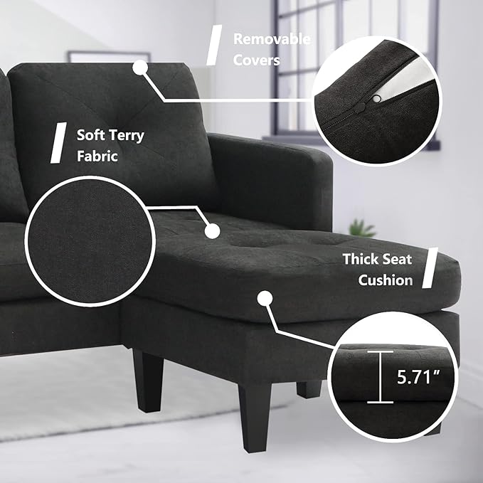 Convertible Sectional Sofa Couch with Chaise Black L Shaped Couch Sofa Set with Reversible Ottoman Modern Small Sectional Couches for Living RoomApartmentSmall Spaces (Black)