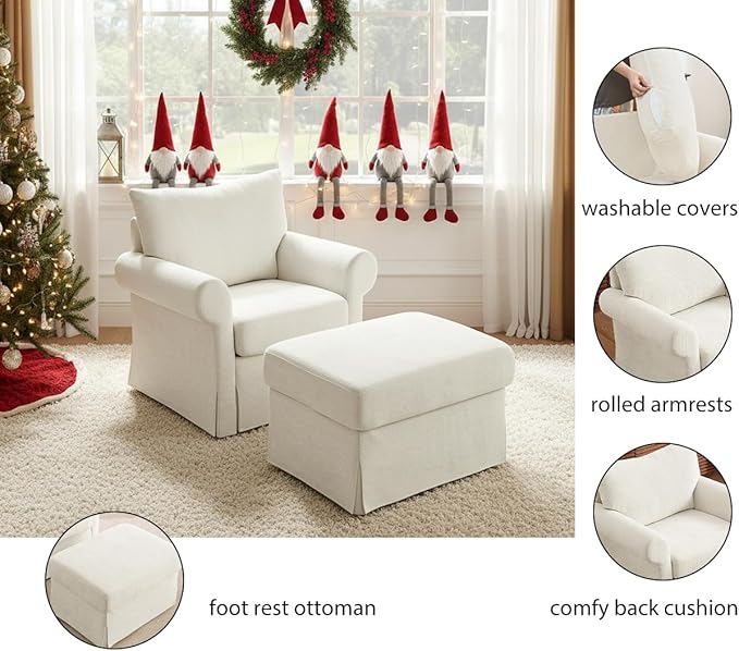 35.8 Accent Chair with Ottoman Set Comfy Chenille Upholstered Armchair with Rolled Arms Modern Single Reading Chair for Living Room Bedroom Apartment Beige