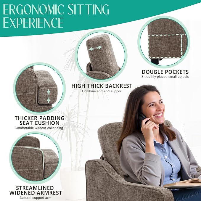 Modern Accent Chairs Set of 2 Upholstered Reading Chair for Bedroom with Side Pockets Comfy Living Room Chairs Living Room Armchair for Office Apartment (Brown Chenille)