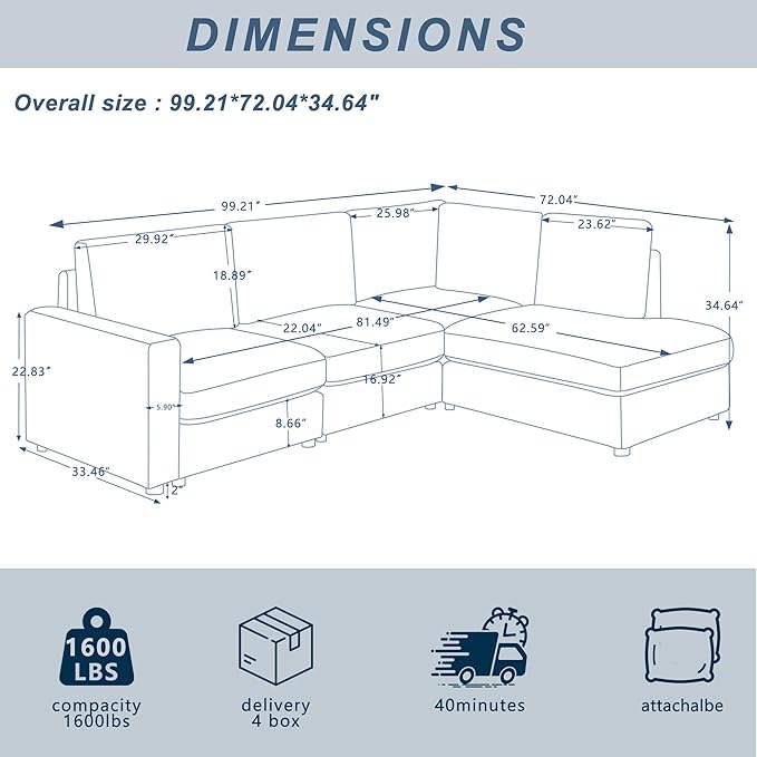 100 L Shaped Couch with Chaise Sectional Couches for Living Room Modern Modular Sofa with Upholstered Couches with Chenille Fabric Couchs Deep Seat Sectional Couch (Gray 100)
