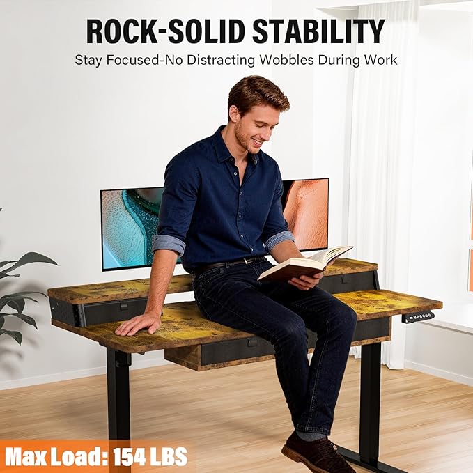 Kingant 55 x 24 Inch Electric Standing Desk with 4 Drawers Height Adjustable Sit to Stand Computer Desk with Storage Shelf and C-Clamp Mount Compatibility for Home Office Rustic Brown