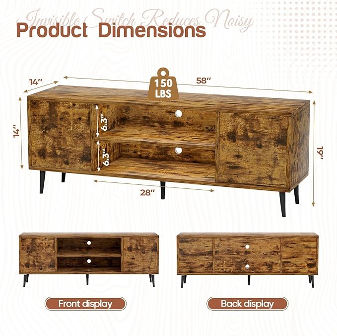 YESHOMY Modern TV Stand for 65 Television Entertainment Center with Two Storage Cabinets Retro Style Media Console for Living Room Bedroom Office 58 Inch Rustic Brown