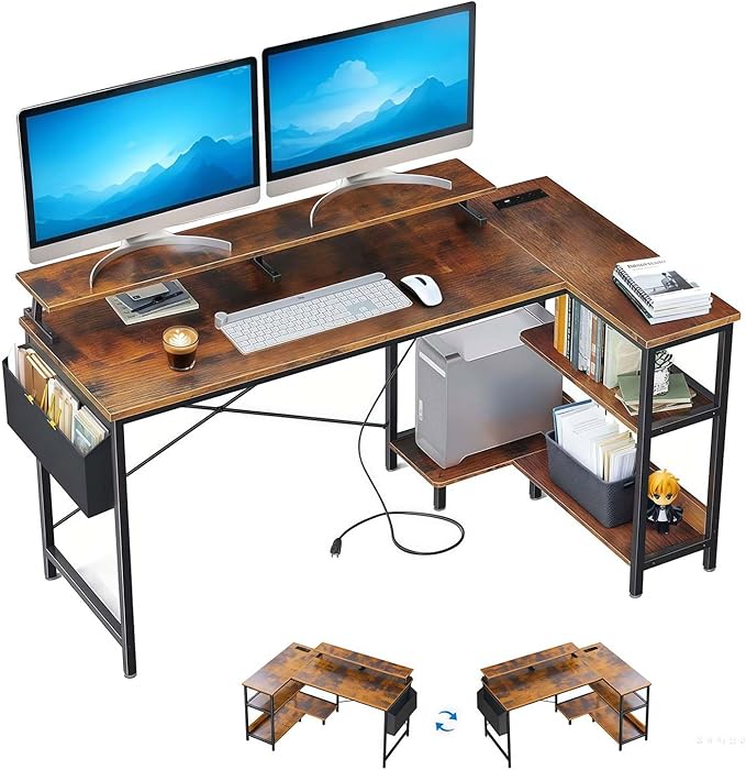 47'' Home Office Desks Corner Gaming Desks with Power Outlets Black Brown Reversible L Shaped Computer Desk with Monitor Stand Storage Shelves and Side Bag for Home Office Bedroom Small Space