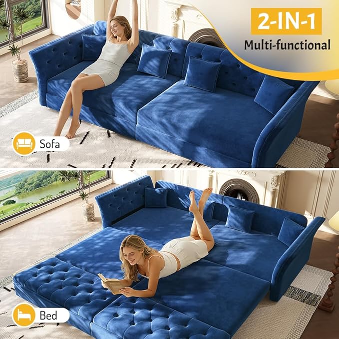extrasleep 100'' Velvet Pull Out Sofa Bed Oversized King Sleeper Sofa with Handcrafted Floral Tufted Design 3-in-1 Convertible Sleeper Couch Tufted Deep Seat Couch for Living Room Apartment Blue