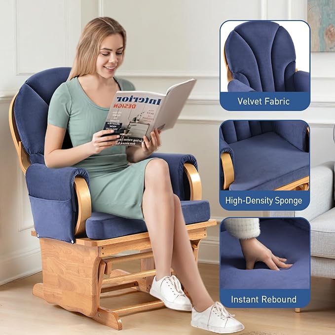 Comfortable Solid Wood Glider Rocker Chair with Plush Velvet Cushion Weight Bearing 280LBS- Modern Rocking Chair for Living Room Nursery Reading Nook - Blue+Beech Color
