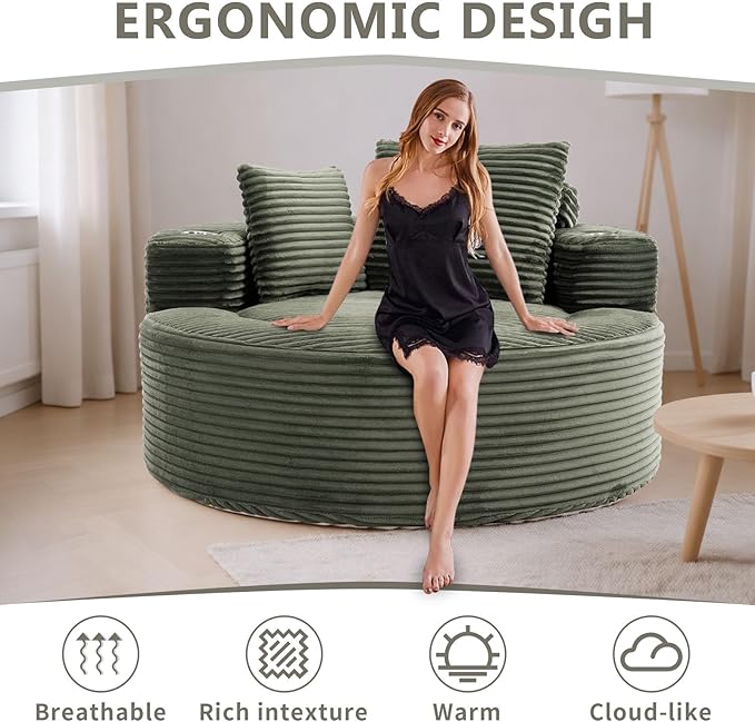 55 Green Oversized Round Boneless Couch Sofa Velvet Memory Foam Cloud Couches Lounge Chair Comfy Fluffy Single Sofa with 3 Pillows for Living Room Bedroom No Assembly Required (Green.)