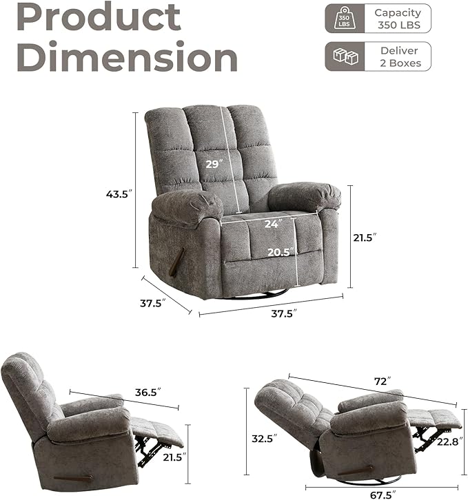 Oversized Swivel Rocker Recliner with Heat and Massage Comfy Rocking Chair Overstuffed Rocker ReclinerWide Manual Recliners for Living RoomGrey