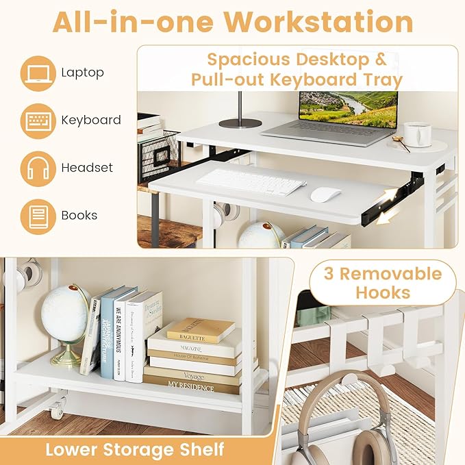 Giantex Rolling Computer Desk Mobile Portable Desk with Keyboard Tray &amp Wheels Laptop PC Table Cart with Shelf &amp Hooks Industrial Small Desk for Small Spaces Home Office Bedroom White