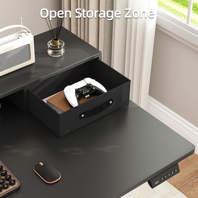 63x24 Inches Standing Desk with Drawers Electric Computer Desk with Open Storage Shelf Stand Up Desk Adjustable Height 28-46 Inches for Home and Computer Workstation Black