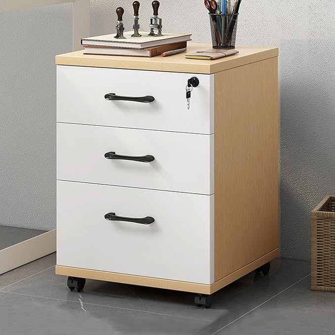 3-Drawer File Cabinet Mobile Filing Cabinet with Lock Under Desk File Organizer for Home Office Fits Letter/Legal/A4 Files Under Desk Fully Assembled Except Casters(Wood Color+White)