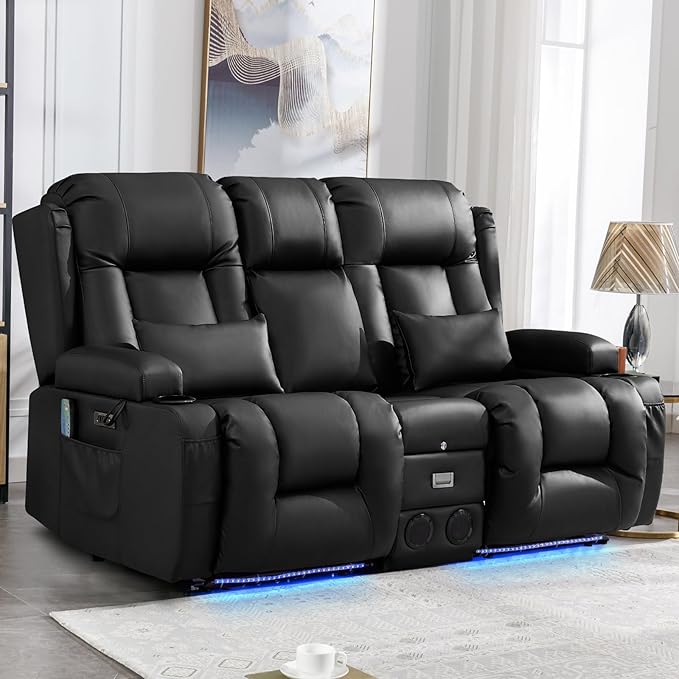 IPKIG Power Loveseat Recliner Sofa with Flip-Up Backrest Console Drawer AC Outlet LED Light Wall Hugger Recliners for Living Room RV Home Theater (Midnight Black Loveseat)