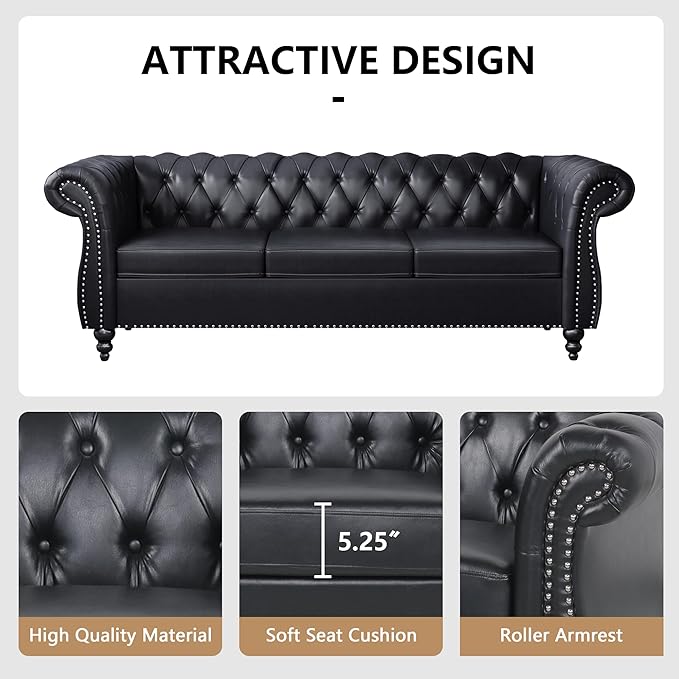 AVZEAR Chesterfield Leather Sofa 3 Seater Couch Mid-Century Large Sofa Roll Arm Classic Tufted Settee Modern PU Sofa with Channel Tufted Seat Back for Living Room Office Apartment PU Black