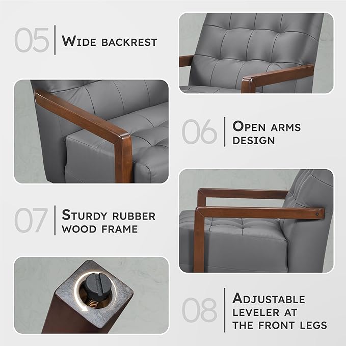 Lexicon Modern Accent Chair Luxury Genuine Leather Match Living Room Chair with Tufted Cushions Solid Wood Frame and Arm Rest Comfy Upholstered Single Seat for Bedroom/Reading/Office Dark Gray