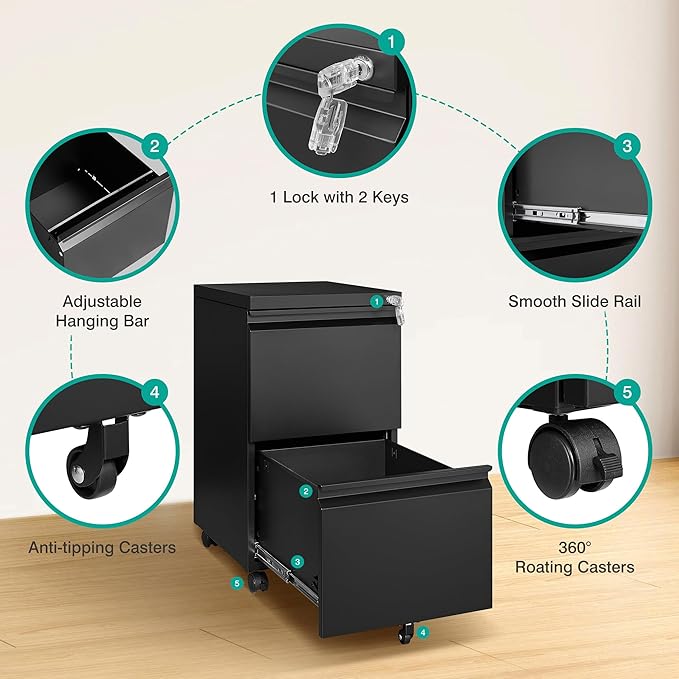 SISESOL 2 Drawer File Cabinet on WheelsMetal Filing Cabinet with LockBlack Rolling File Cabinets with CastersUnder Desk Office Cabinets for Home OfficeFit A4/Letter/LegalEasy Assembly