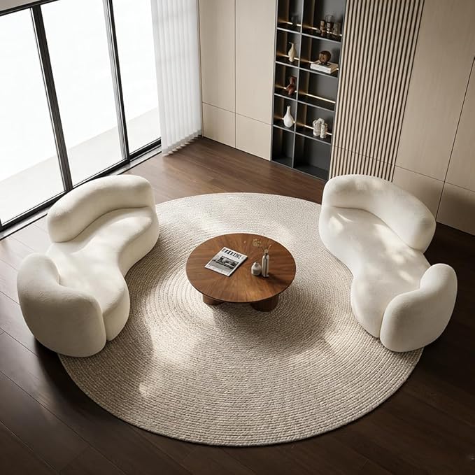 Arc Shaped Sofa Creamy Style Lamb Velvet Couch Modern and Simple Living Room Small-Sized Beauty Salon Clothing Store Reception and Rest Area Settee (White 94.5 inches)