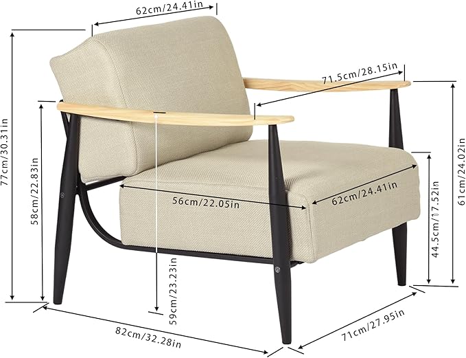 Homy Casa Mid-Century Modern Accent Chair with Fabric Upholstery Solid Wood Armrests and Sturdy Metal Frame Comfy Lounge Chair for Living Room Bedroom Reading Corner or Office (Beige-Oak)