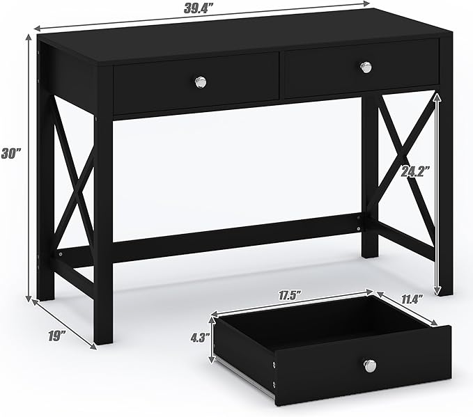 WiberWi Home Office Desk with Drawers Black Modern Writing Computer Desk Small Makeup Vanity Table for Bedroom Study Table for Home Office