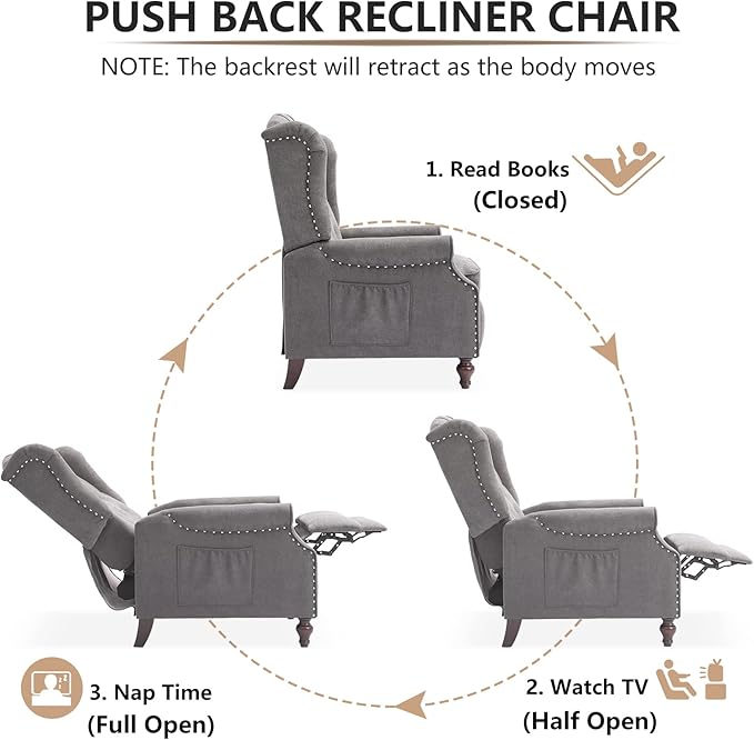 IPKIG Wingback Pushback Recliner Chair - Mid Century Recliner Armchair with Massage and Heat Rivet Decoration Button-Tufted Back Solid Wood Legs for Living Room Bedroom Office(Grey)