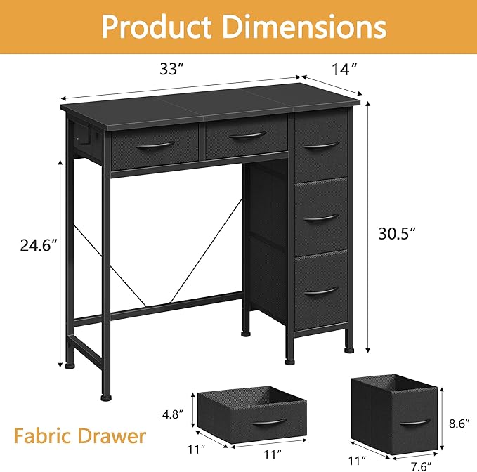 Small Desk with 5 Fabric Drawers 33 Inch Writing Desk for Home Office Simple PC Desks for Small Place Kids Girls Teen Study Table Vanity for Bedroom Dorm Black 14 D