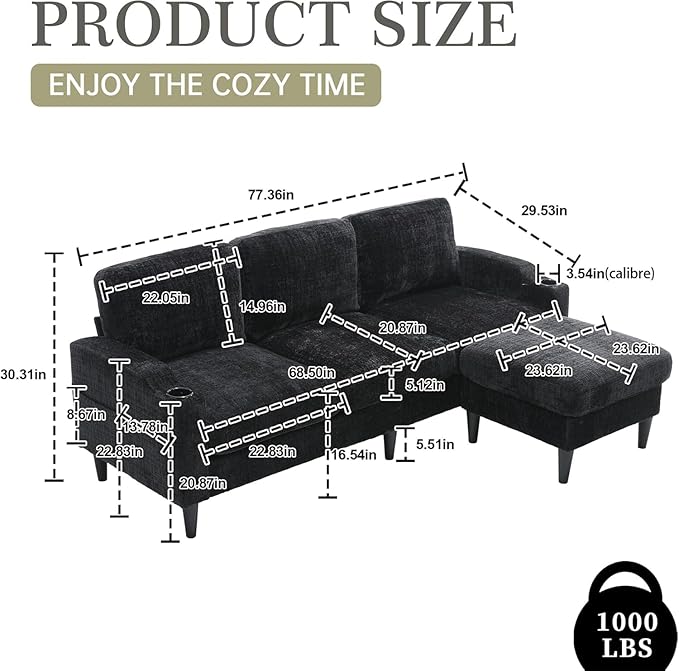 L Shaped Couch with Storage Ottoman 77 Chenille Small Sectional Couches with 2 Cup Holders &amp Storage Pocket for Small Space Comfy Cloud Sectional 3 Seater Couch Black