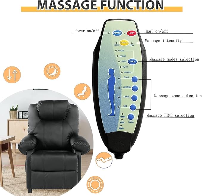 KCREAM Faux Leather Recliner Chair with Massage and Heat Mid Century Overstuffed Manual Reclining Chair Massaging Push Back Recliner Chair Single Sofa for Living Room Black