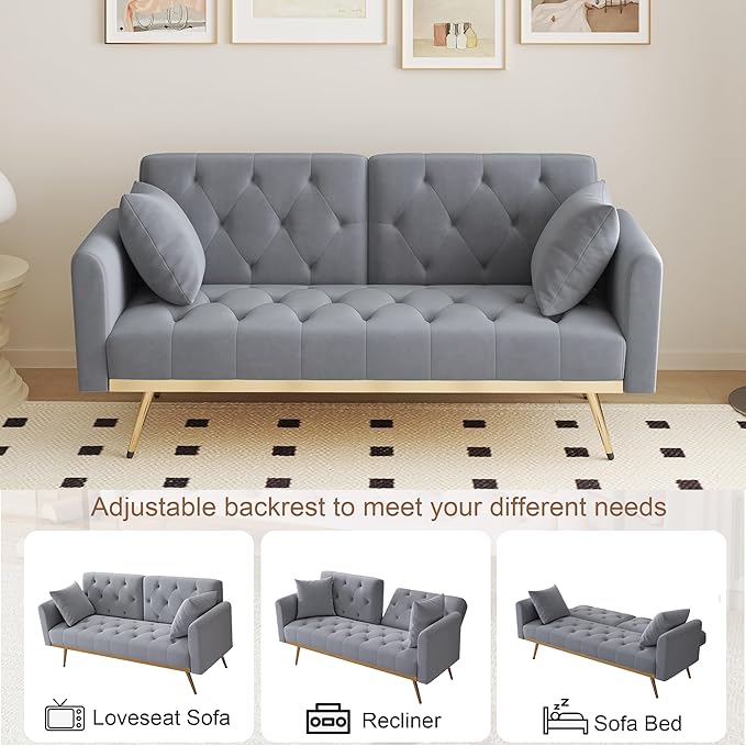 Modern Velvet 2 in 1 Futon Sofa BedConvertible Folding Sleeper Bed Couches with 2 Pillows73 Tufted Recliner Love Seat with Golden Chrome Legs for Living Room Apartment Office (Grey-New)