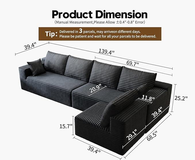 139.4 L Shaped Cloud Sectional Sofa for Living Room Plush Corduroy Cover Fluffy Memory Foam Cushions No Assembly Required Modular Chaise Lounge Oversized Comfortable Couches Set Black