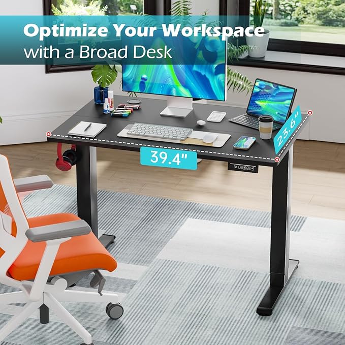 PayLessHere 40 Inch Electric Standing Desk Computer Desk with Large Space and Headphone Holder Office Desk with Electric Lifting and Memory Function (40 inch Black)