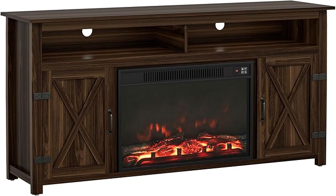 YESHOMY Fireplace TV Stand for Television up to 65+ Inch with Storage and Farmhouse Barn Doors Entertainment Center with Cabinet and Shelves Media Console for Living Room Walnut