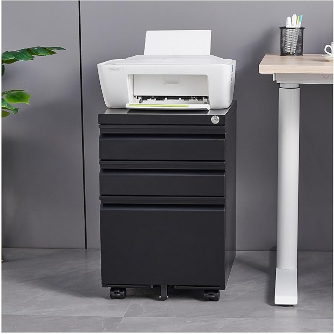 Mobile Filing Cabinet 3 Drawer Black Metal File Cabinet with Lock