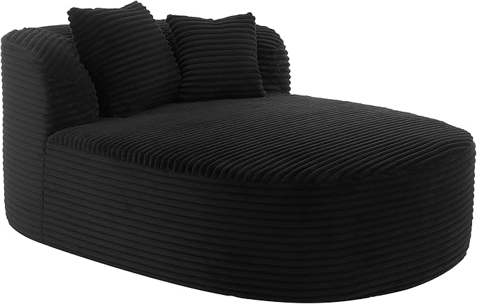 Modern Corduroy Fabric Chaise Lounge Chair Indoor Boneless Couch 51.6 Sofa Bed with Two Supportive Pillows for Living Room Office (Black/R1)