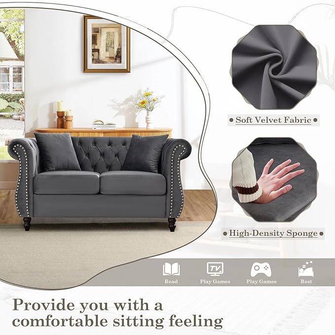 Chesterfield Sofa58 Button Tufted Velvet Couch with Rolled Arms&ampNailhead TrimComfy 2 Seater Loveseat SofaOversize Mid Century Modern Couch for Living RoomBedroomApartmentOffice(Grey)