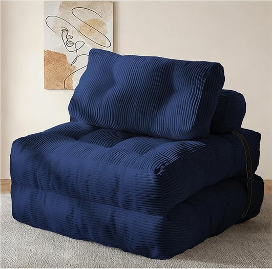 Folding Sofa Bed - Convertible Sleeper Chair with Pillow &amp Back Support Comfy Foldable Mattress Portable Futon Fold Out Chair Bed for Living Room/Bedroom/Apartment (Blue)