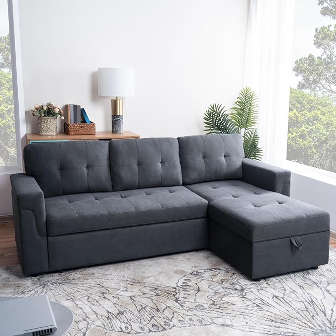 Multifunctional Sectional Sofa with Pull-Out Sleeper Bed &amp Hidden Storage – Reversible Chaise Dark GrayVelvet – Space-Saving Durable Stylish &amp Easy DIY Assembly for Apartments &amp Small H