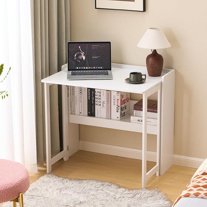 Foldable DeskFolding Table with Storage Shelf32.6 Inch Fold Out Computer Desk for Small SpacesWriting Desk for Bedroom Home Office Dorm and Apartment (White)