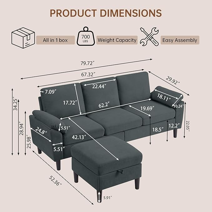 Sectional Sofa82 L Shaped 3 Seater Couch with Movable Ottoman Armrest Pillow Polyster Fabre for Small Spaces Dark Grey