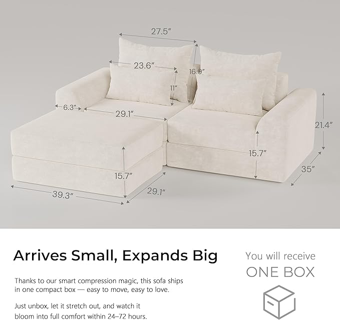 Modular loveseat with Ottoman L-Shape Boneless Couch Customizable Sectional Couch Free Combination Design Sleeper Sofa Cloud Mist
