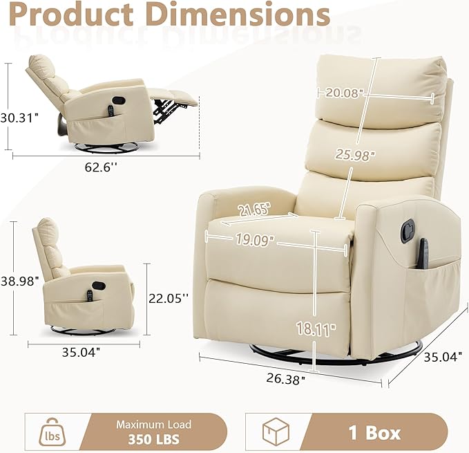 cinkehome Swivel Rocker Recliner Chair Upholstered Nursery Glider Recliner Chair with Heated Massage High Back Side Pocket (Light Yellow PU Leather)