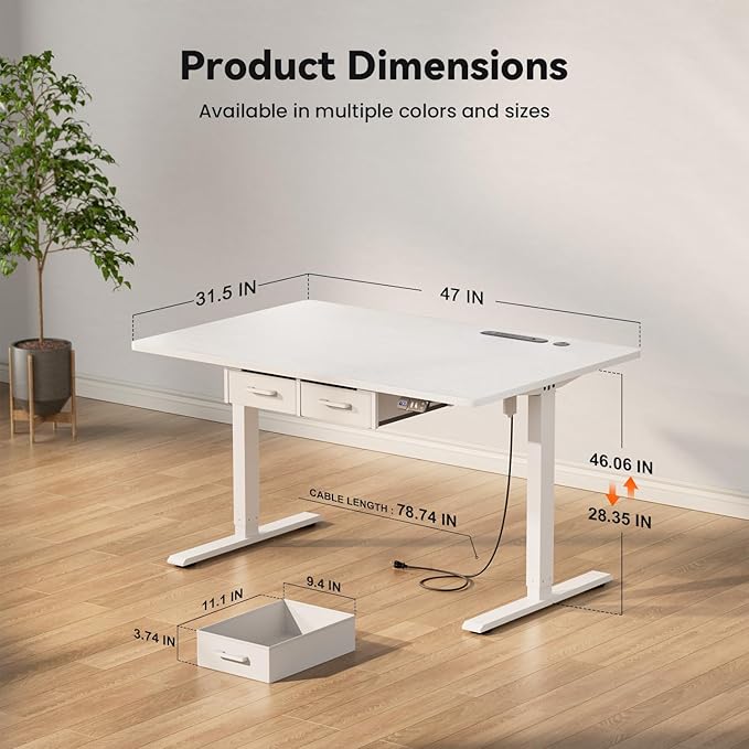 HLDIRECT Electric Standing Desk 47 x 31.5 Inches Height Adjustable Table with Outlets Sit Stand Computer Desk with Drawers for Home Office Ergonomic Rising Workstation White