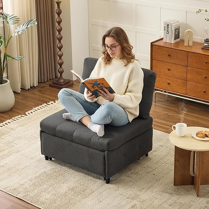 VINGLI Convertible Single Sofa Bed Tufted Teddy Fleece Sleeper Chair Bed Armless Living Room Chair Chaise Lounge with Adjustable Backrest Pull Out Couch Bed for Small Spaces (Dark Grey) | Armless Sofa