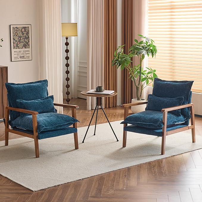Karl home Midcentury Accent Chair for Living Room Chenille Upholstered Lounge Armchair with Lumbar Pillow Ruffle-Designed Cozy Reading Chair with Wood Legs Peacock Blue