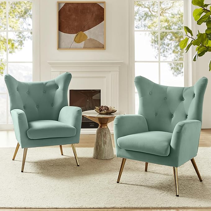 HULALA HOME Velvet Accent Chair Set of 2 Modern Wingback Arm Chair with Metal Gold Legs Velvet Tufted Upholstered Single Sofa(SAGE)
