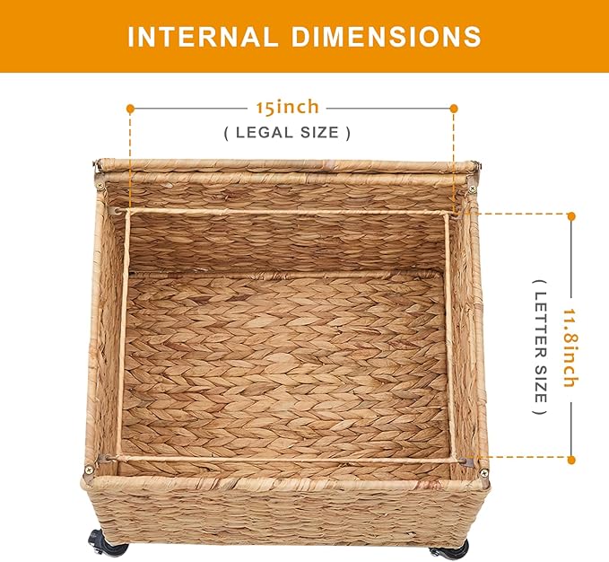 Rolling File Cabinet Basket with Smooth Rubber Casters Water Hyacinth Mobile File Organizer with Metal Frame for Home Office Fits Letter &amp Legal Hanging File Folders (Natural)