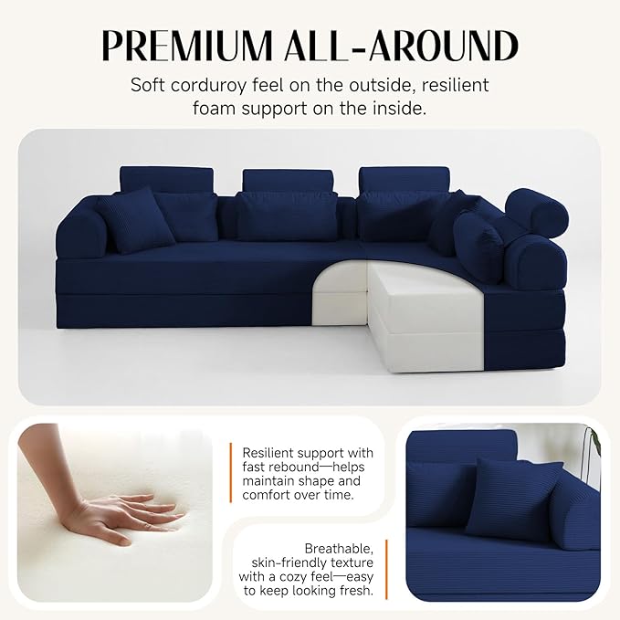 106 L-Shaped Modular Boneless Couch 2-Piece System (2×70.87) Convertible Sectional to 141.7 Straight Sofa Corduroy Couch in a Box Headrest &amp Back Pillows for Living Room Navy Blue