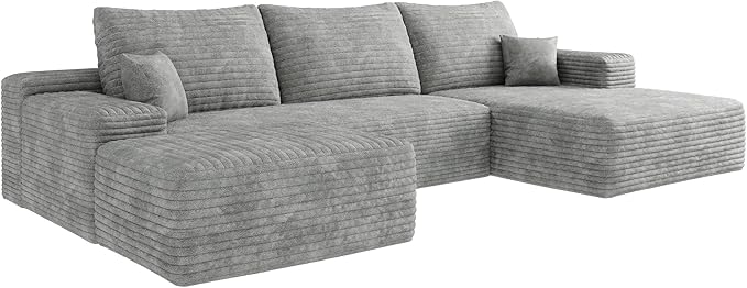 Ball &amp Cast 107 Cloud Sectional Couch with OttomanModern Upholstered Boneless Modular Sofa for Living Room BedroomDeep Seat Compression SofaNo Assembly Required Plush Corduroy FabricGrey