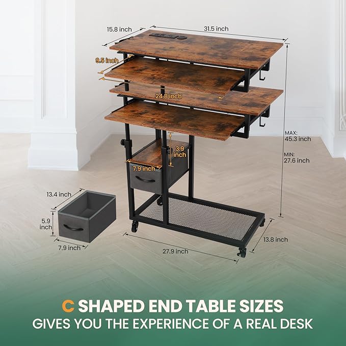 FAHKNS Adjustable C Table with Charging Station Tiltable Desk C Shaped End Table for Couch Over Bed Table with Wheels Adjustable Height Hospital Laptop Stand Drawing Desk
