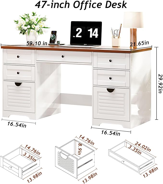 59 Home Office Desks Executive Desk Farmhouse Computer Desk with 7 Drawers and Charging Station File Drawer Rustic Computer Writing DeskAntique Cream