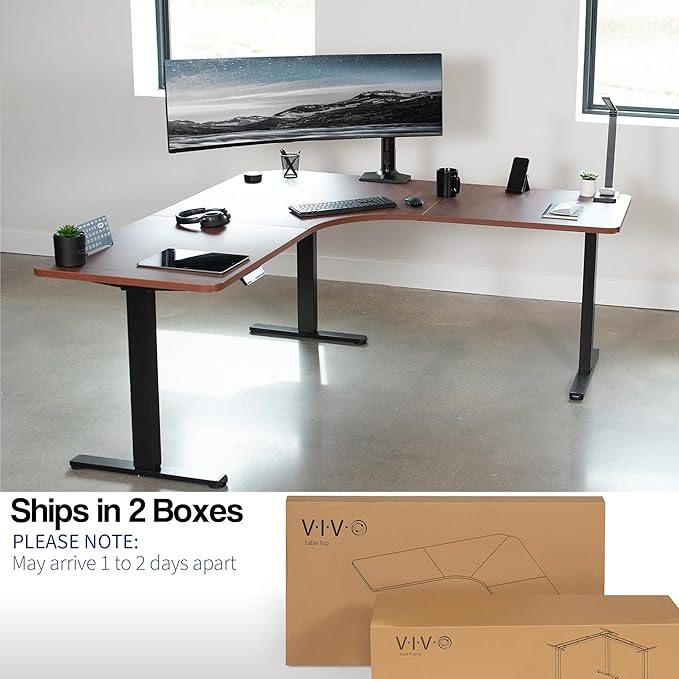 VIVO Electric Height Adjustable 71 x 71 inch Curved Corner Stand Up Desk Dark Walnut Table Top Black Frame Memory Controller L-Shaped Workstation E3C Series DESK-KIT-E3CBD