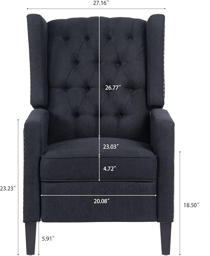 Mid Century Wingback Recliner Fabric Push Back Recliner Chair Single Rolled Armchair Sofa with Rivet Decoration Accent Chairs with Stable Hump Feet for Living Room (Black)