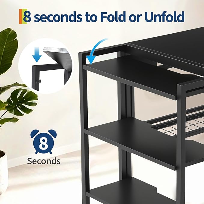 CABIHOME Folding Computer Desk Writing Computer Desk with Storage Shelf 35 Inch Spaces Saving Writing Sturdy Table No Assembly Home Office Bedroom Dorm Apartment Black